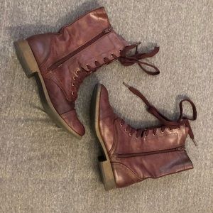 Maroon calf high boots